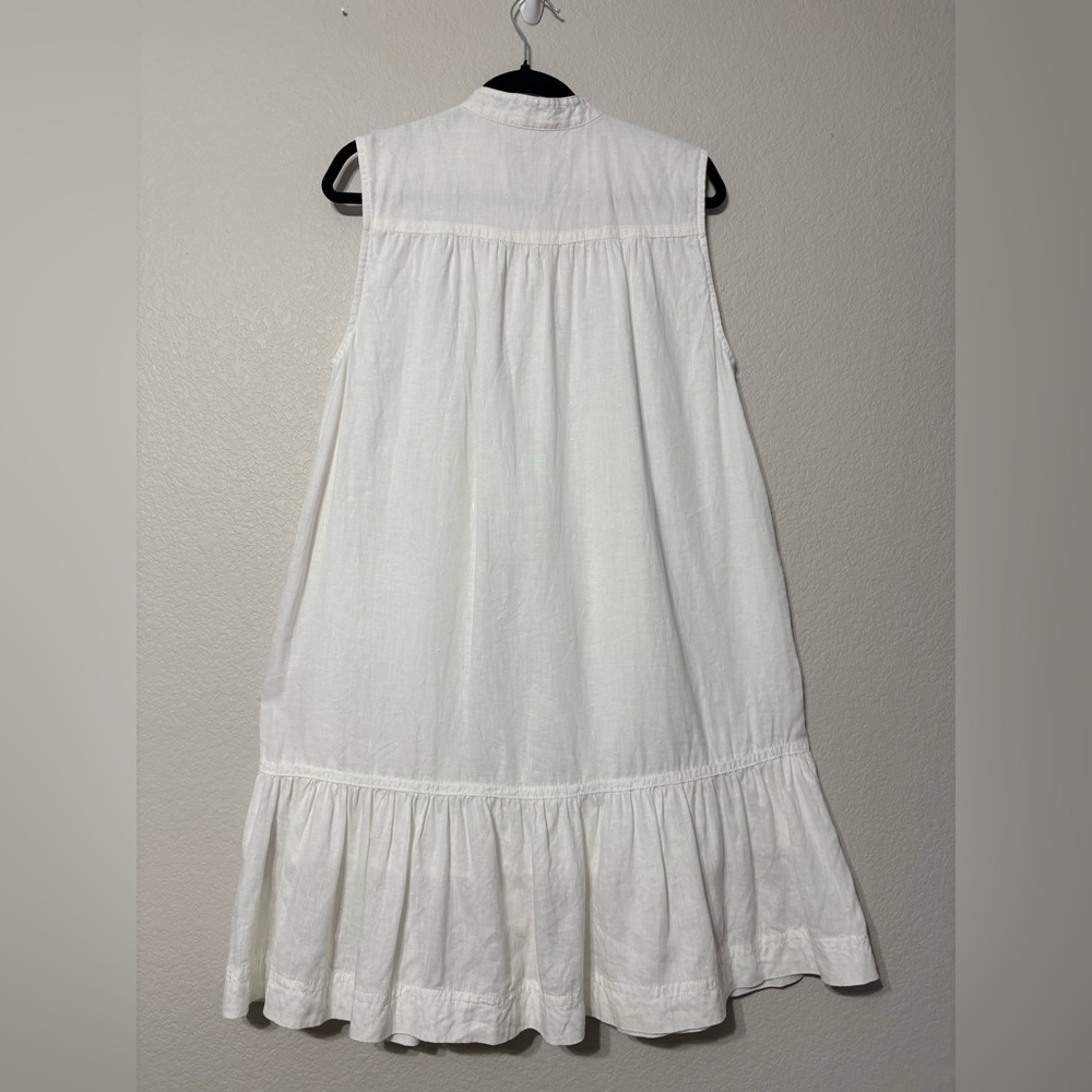 Banana Republic White Linen Flounce-Hem Mini/Midi Dress. Mandarin Collar,Pockets - Picture 3 of 15
